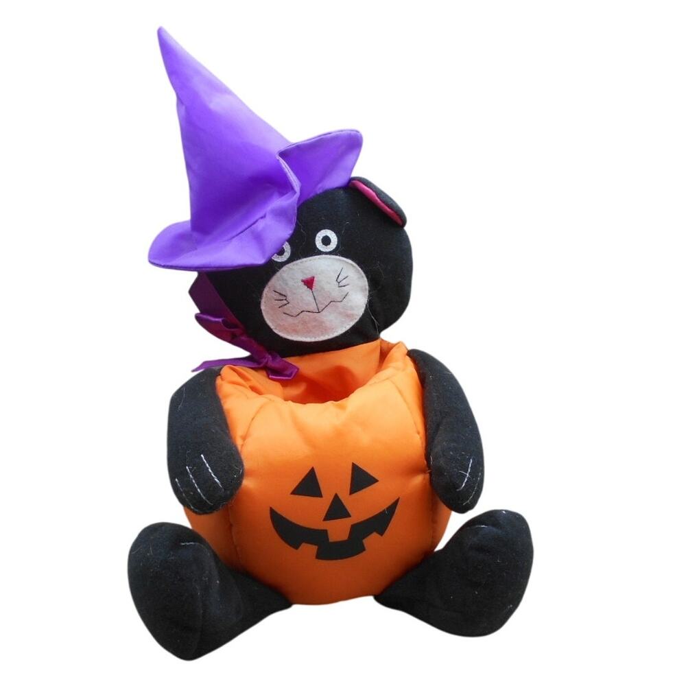 Vintage Avon Happy Haunting Fabric Basket Black Cat Pumpkin Halloween Plush